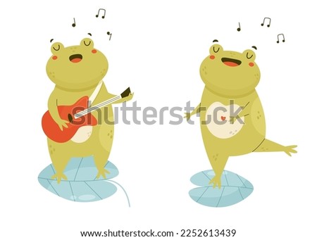 Cute happy frogs singing and playing the guitar standing on a water leaf. Funny adorable animal toad character isolated on white background