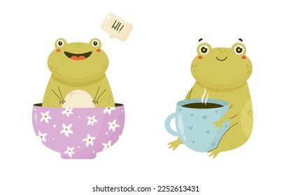 Cute happy frogs sitting in a bowl, with a cup of coffee. Funny adorable toad characters