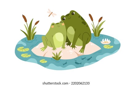 Cute happy frogs sitting in pond together. Love couple of smiling froggies in water. Funny kawaii animals, toads characters. Childish kids flat vector illustration isolated on white background