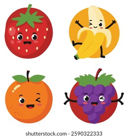 Cute Happy Fruit Characters Fun Strawberry Watermelon Pineapple Banana
