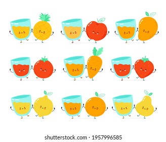 Cute happy fruits, vegetables and juice glass. Isolated on white background.Vector cartoon character hand drawn style illustration. Pear,strawberry,tomato,apple,orange, mango cartoon character concept