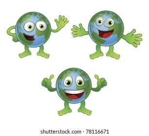 A cute happy fun globe world cartoon character in various poses.