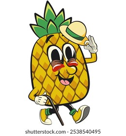 Cute and happy fun pineapple isolated vector cartoon mascot character carrying a stick and saluting with raised hat, work of hand drawn