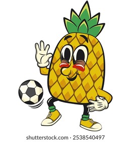 Cute and happy fun pineapple isolated vector cartoon mascot character playing football or soccer ball with his feet, work of hand drawn