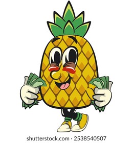 Cute and happy fun pineapple isolated vector cartoon mascot character carrying money, work of hand drawn