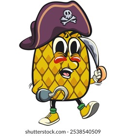 Cute and happy fun pineapple isolated vector cartoon mascot character as pirate with dagger, work of hand drawn