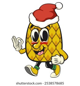 Cute and happy fun pineapple isolated vector cartoon mascot character walking while wearing a Santa hat calmly, work of hand drawn