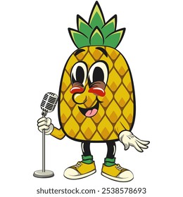 Cute and happy fun pineapple isolated vector cartoon mascot character in front of the mic become a stand up comedian, work of hand drawn