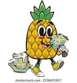 Cute and happy fun pineapple isolated vector cartoon mascot character as florist with desy flowers, work of hand drawn