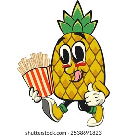 Cute and happy fun pineapple isolated vector cartoon mascot character brought a box of french fries, work of hand drawn