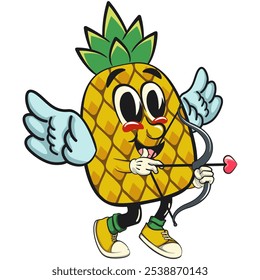 Cute and happy fun pineapple isolated vector cartoon mascot character angel wings and the arrow of love, work of hand drawn