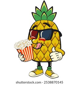 Cute and happy fun pineapple isolated vector cartoon mascot character brought a bucket of popcorn with wearing 3d glasses, work of hand drawn