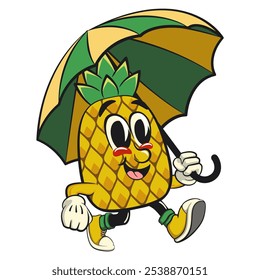 Personaje lindo y feliz de la mascota de la historieta del Vector aislado de la piña de la diversión que camina con un paraguas, trabajo de la mano dibujada