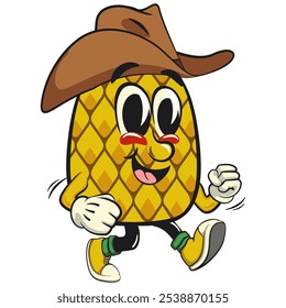 Cute and happy fun pineapple isolated vector cartoon mascot character wearing a cowboy hat walking calmly, work of hand drawn