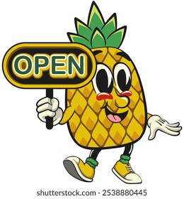 Cute and happy fun pineapple isolated vector cartoon mascot character showing a sign that says open, work of hand drawn