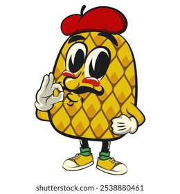 Cute and happy fun pineapple isolated vector cartoon mascot character sweet moustache and wearing an artist's hat, work of hand drawn