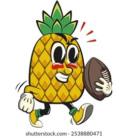 Personaje lindo y feliz de la mascota de la historieta del Vector aislado de la piña que juega rugby y fútbol americano, trabajo de dibujado a mano