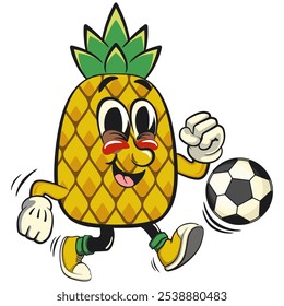 Cute and happy fun pineapple isolated vector cartoon mascot character playing football soccer, work of hand drawn