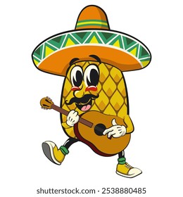 Bonito e feliz divertido abacaxi isolado vetor personagem mascote de desenhos animados vestindo sombrero e tocando guitarra, trabalho de mão desenhada