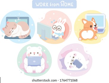 Cute happy funny animal work from home. corgi, cat, bunny, polar bear, seal enjoy working in soft pastel color. Set of clipart, gift tag, badge, button pin. Vector illustration.