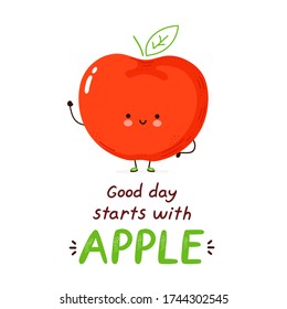 Cute happy funny apple. Vector cartoon character hand drawing style illustration. Isolated on white background. Good day starts with apple card
