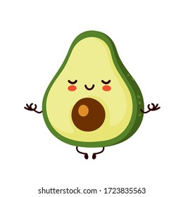 Cute glücklich lustige Avocado meditat. Vektorgrafik-Zeichentricksymbol-Design.Einzeln auf weißem Hintergrund