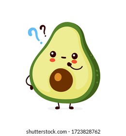 Cute happy funny avocado with question mark. Vector cartoon character illustration icon design.Isolated on white background