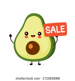 Cute happy funny avocado with sale sign. Vector cartoon character illustration icon design.Isolated on white background