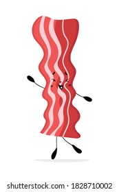 Cute happy funny bacon icon flat vector illustration isolated on white background. Cartoon character illustration of delicious dinner dish cooking, tasty breakfast meal ingredient. Pork meat.