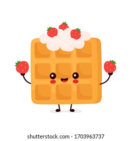 Cute happy funny belgian waffle with strawberry. Vector cartoon character illustration icon design.Isolated on white background