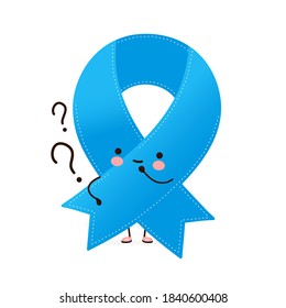 Cute happy funny blue ribbon character with question mark. Vector cartoon character illustration icon design. Isolated on white background. World diabetes day blue ribbon symbol concept