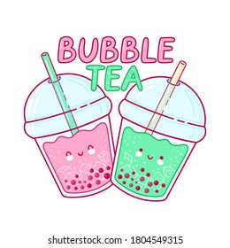 Cute happy funny bubble tea cup. Vector flat line cartoon kawaii character illustration icon. Isolated on white background. Boba, bubble tea logo design concept
