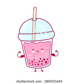 Cute happy funny bubble tea cup show muscle. Vector flat line cartoon kawaii character illustration icon. Isolated on white background. Boba, bubble tea concept
