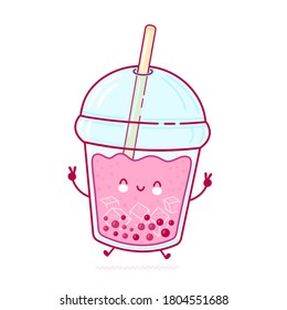 Cute happy funny bubble tea cup jump. Vector flat line cartoon kawaii character illustration icon. Isolated on white background. Boba, bubble tea concept
