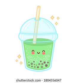 Cute happy funny bubble tea cup. Vector flat line cartoon kawaii character illustration icon. Isolated on white background. Boba, bubble tea concept
