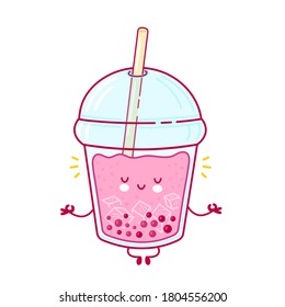 Cute happy funny bubble tea cup meditate. Vector flat line cartoon kawaii character illustration icon. Isolated on white background. Boba, bubble tea concept
