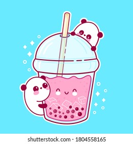 Cute happy funny bubble tea cup and pandas. Vector flat line cartoon kawaii character illustration icon. Boba, bubble tea concept
