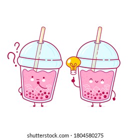 Cute happy funny bubble tea cup with question mark and idea lightbulb. Vector flat line cartoon kawaii character illustration icon. Isolated on white background. Boba, bubble tea concept
