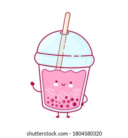 Cute happy funny bubble tea cup. Vector flat line cartoon kawaii character illustration icon. Isolated on white background. Boba, bubble tea concept
