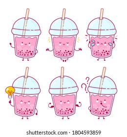 Cute happy funny bubble tea cup set collection. Vector flat line cartoon kawaii character illustration icon. Isolated on white background. Boba, bubble tea concept
