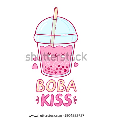 Cute happy funny bubble tea cup. Vector flat line cartoon kawaii character illustration icon. Isolated on white background. Boba, bubble tea kiss t-shirt print design
