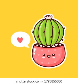 Cute happy funny cactus plant in pot with speech bubble. Vector flat cartoon kawaii character illustration icon design. Succulents love concept
