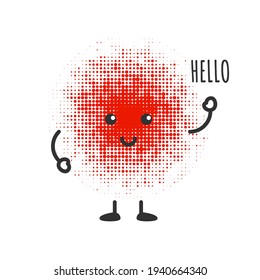 Cute happy funny character of the first menstrual blood. Vector flat line cartoon icon illustration of kawai symbols. Isolated on white background. Inscription in english hello 