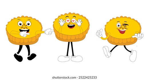 Cute happy funny character pumpkin pie set collection, cake cartoon mascot with different expressions. food vector illustration