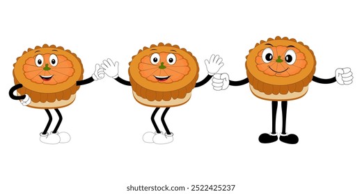 Cute happy funny character pumpkin pie set collection, cake cartoon mascot with different expressions. food vector illustration