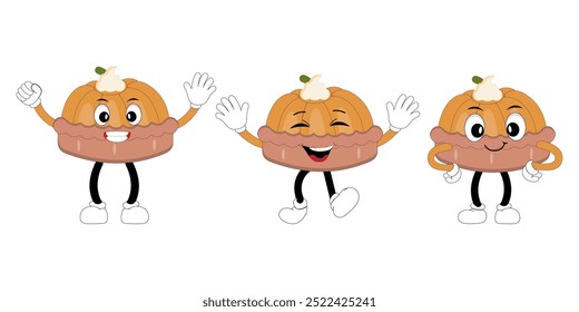 Cute happy funny character pumpkin pie set collection, cake cartoon mascot with different expressions. food vector illustration