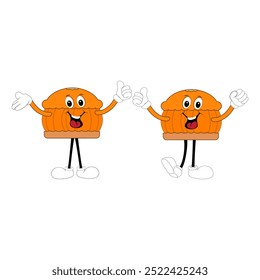 Cute happy funny character pumpkin pie set collection, cake cartoon mascot with different expressions. food vector illustration