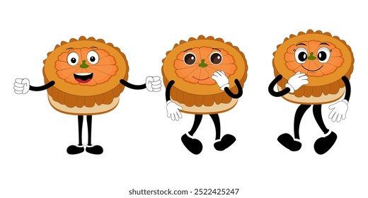 Cute happy funny character pumpkin pie set collection, cake cartoon mascot with different expressions. food vector illustration