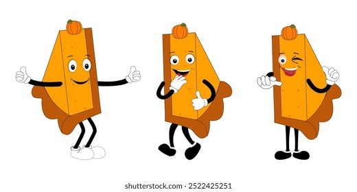 Cute happy funny character pumpkin pie set collection, cake cartoon mascot with different expressions. food vector illustration