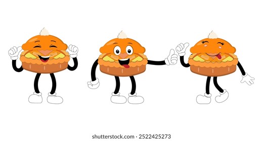 Cute happy funny character pumpkin pie set collection, cake cartoon mascot with different expressions. food vector illustration